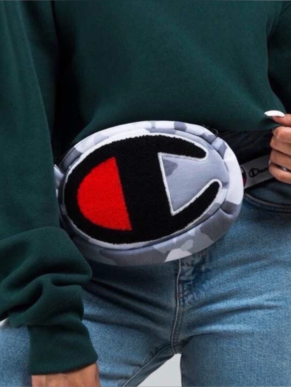 Champion Gray Camo Crossbody with Black & Red Logo. Unisex